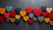Wooden colored colorful hearts on grey background , love, valentine, wedding, celebration, romance, 