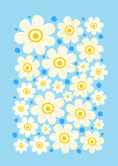 Aufkleber - Naive retro hippie style collage flower poster. Abstract groovy vintage floral design. Daisy pattern in blue, white and yellow color. Vector illustration 