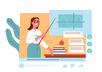 Poster - Online lesson woman teacher. Young girl with pointer near chalkboard with graph and diagram. Distant education and training, learning. Courses on internet. Cartoon flat vector illustration