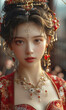 Chinese young beautiful woman wearing a Tang Dynasty style dress and jewelry