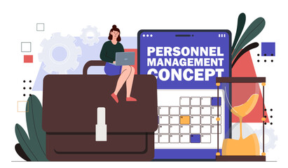 Wall Mural - Personnel management concept. Woman sitting with laptop near calendar. Planning and business optimization. Time management and organization of efficient work process. Cartoon flat vector illustration