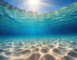  Seabed sand with blue tropical ocean above, empty underwater background