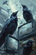 Ravens reciting poetry, their vocal cords enhanced to mimic human speech, perched atop digital screens 