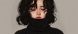 A woman with striking black hair is wearing a stylish black turtleneck sweater, framing her beautiful eyes and jawline. Her smile complements the elegant gesture, creating a captivating piece of art