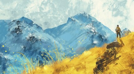 Wall Mural - Weathered painting of hiking in rugged mountains. Yellow and Blue tones. Grunge style illustration