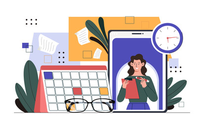 Poster - secretary online concept. woman with notepad and glasses near calendar. time management and organiza