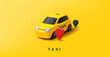 Yellow taxi with geolocation icons, 3D. Isometry. Image on yellow background for design concepts of transport services, travel, taxi, food delivery, transportation. Vector