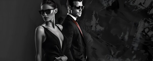 Wall Mural - fashionable couple of  man and woman in black stylish clothes in black sunglasses isolated on black texture background in advertising banner