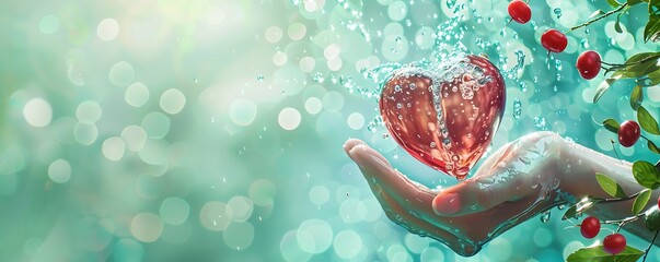 Wall Mural - heart above hand flowing pure clear water and fresh red berries on blurred mint background . healthy advertising banner of health and long life