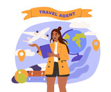 Fototapeta Londyn - Travel agent woman. Young girl with globe and airplane, luggage. Assistant and consultant give advice for travelers and tourists. Cartoon flat vector illustration isolated on white background