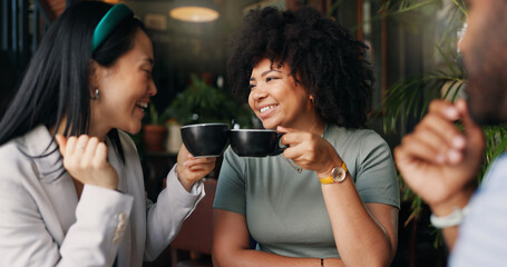 Wall Mural - Happy people, friends and talking with coffee at cafe for social, free time or catch up break together. Group smile and enjoying conversation with beverage, drink or cup of tea at indoor restaurant