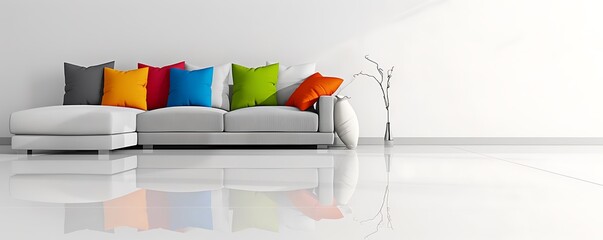 Wall Mural - a light grey sofa with multicolour cushions on it, reflection of sofa and pillows on the floor, interior banner, minimalist style wallpaper, stylish design of home