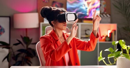 Aufkleber - Virtual reality, touch or headset for woman with future technology or creative for design in office. VR goggles, 3D and programmer in metaverse in digital world and high tech for innovation at night