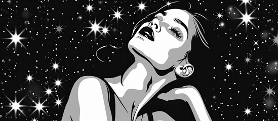 Wall Mural - A blackandwhite drawing depicts a woman with black hair gazing up at the stars. Her jaw dropped in awe, capturing the beauty of the night sky in a stunning art style