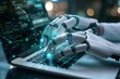 Robotic hands guiding human on laptop, AI chatbot advisor concept illustration