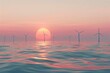 Serene offshore wind farm generating clean energy, windmills in the misty sea