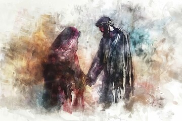 Jesus meets his sorrowful Mother on the way to Calvary, emotional religious scene, digital watercolor painting