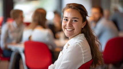 Wall Mural - A smiling woman sitting in front of her students, wearing a white shirt and sitting in a red chair at the back of a meeting room