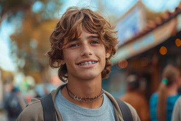 Wall Mural - A teenager with braces avoids smiling in photos, feeling self-conscious about his crooked teeth and fearing judgment from peers. Concept of dental insecurities in adolescence. Generative Ai.