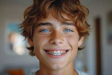 Wall Mural - A teenager with braces avoids social interactions, feeling embarrassed by his metallic smile and fearing rejection from peers. Concept of orthodontic treatment and social anxiety. Generative Ai.