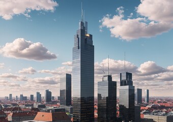 A city skyline with tall skyscrapers and a blue sky in the background.