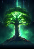 Fototapeta Do akwarium - A glowing green tree of life with roots 