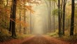A tranquil forest pathway surrounded by towering trees in autumn hues, enveloped in a soft, misty atmosphere