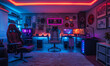 © RobertNyholm - Beautiful interior photo of a PC gaming desk setup with luxury details and RGB-lighting.