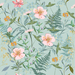 Poster - Fashion vector hand drawn pattern with pastel pink flowers on light green background