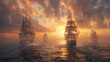 A painting of a large ship sailing in the ocean with a sunset in the background