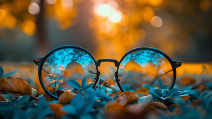 Wall Mural - A pair of sunglasses is sitting on a bed of leaves