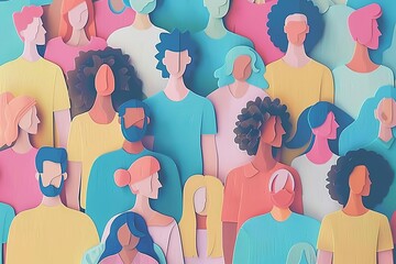 Wall Mural - Diverse crowd of people, large group in paper cut out style illustration