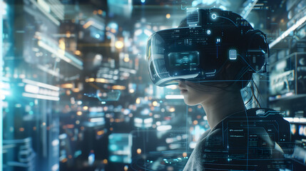 A young woman wearing VR glasses explores the metaverse, surrounded by holographic data and futuristic technology elements. The background is an abstract digital cityscape with glowing lights