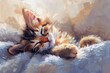 Cute kitten sleeping peacefully in soft bed, adorable pet portrait, digital painting