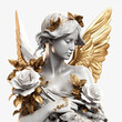 The image is of a statue of a woman holding a flower with angel wings attached. 