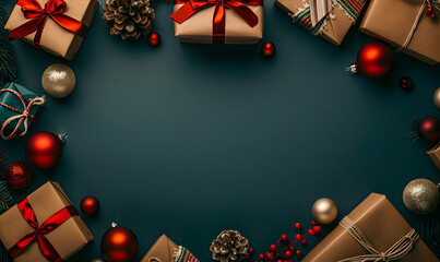 Wall Mural - festive christmas frame on dark green background made of chritmas gift boxes, fir branches, christma