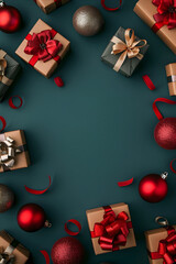 Wall Mural - festive christmas frame on dark green background made of chritmas gift boxes, fir branches, christma