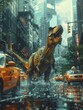 Dinosaurs roaming through a modern-day city, causing chaos and wonder, 3D illustrate,octane render