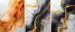 An abstract pattern of black, white, and golden agate. Hand drawn ink paint background. Elegant gold lines and veins. Imitation of marble stone.