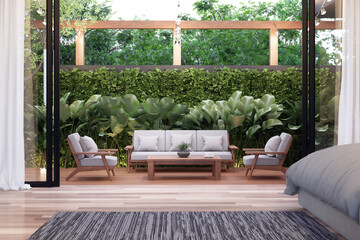 Wall Mural - Modern contemporary wooden terrace of bedroom with green nature fence background 3d render view from inside overlooking wooden furniture for relaxation