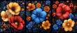 Floral seamless pattern drawn with oil paints. Bright flowers on a black background.
