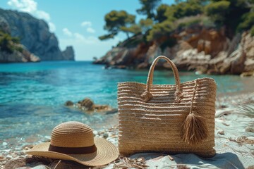 Beach Accessories On Tropical Sand And Seashore - Summer Vacations, strong sunlight - generative ai