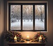 A window with a view of a snowy landscape outside.
