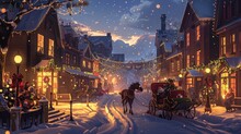 A Festive Holiday Sleigh Ride Through A Charming Village Scene, With A Horse-drawn Sleigh Gliding Past Decorated Storefronts And Twinkling Lights, Spreading Joy And Holiday Cheer To All Who Pass By.