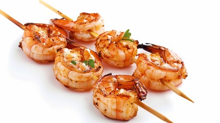 Grilled shrimp on a stick, isolated on a white background.