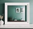 A white framed mirror with a reflection of a room in the background.