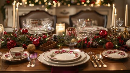  A festive holiday table set with elegant dinnerware and sparkling glassware, adorned with seasonal decorations and flickering candlelight, ready to welcome guests for a lavish holiday feast.