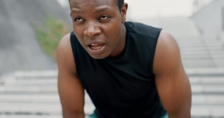 Poster - Steps, city and tired black man with smart watch for fitness, workout or cardio training. Stop, breathe or African male runner with sports, fatigue or pause after stairs, run or stopwatch challenge