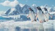A group of penguins, waddling clumsily across the icy landscape of Antarctica with comical determination.