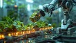 Robot arm manipulates and trims green leafy plant in high tech automated greenhouse or laboratory setting with electronic circuits and sensors